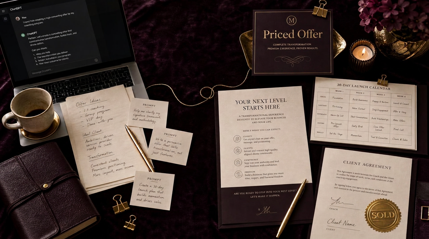 A flatlay transformation from raw expertise on the left — AI chat, handwritten notes, and prompt cards — to polished business assets on the right: a priced offer card, drafted sales page, 30-day launch calendar, and signed client agreement stamped SOLD, all connected by a gold thread