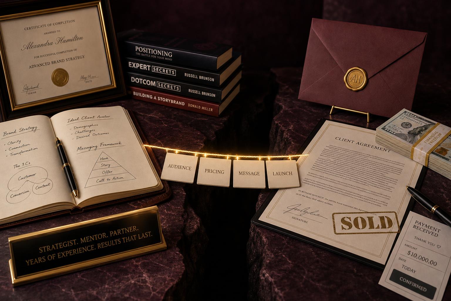 A visual journey from years of expertise and knowledge, across decision stepping stones for audience, pricing, message, and launch, to a signed client agreement and sold result