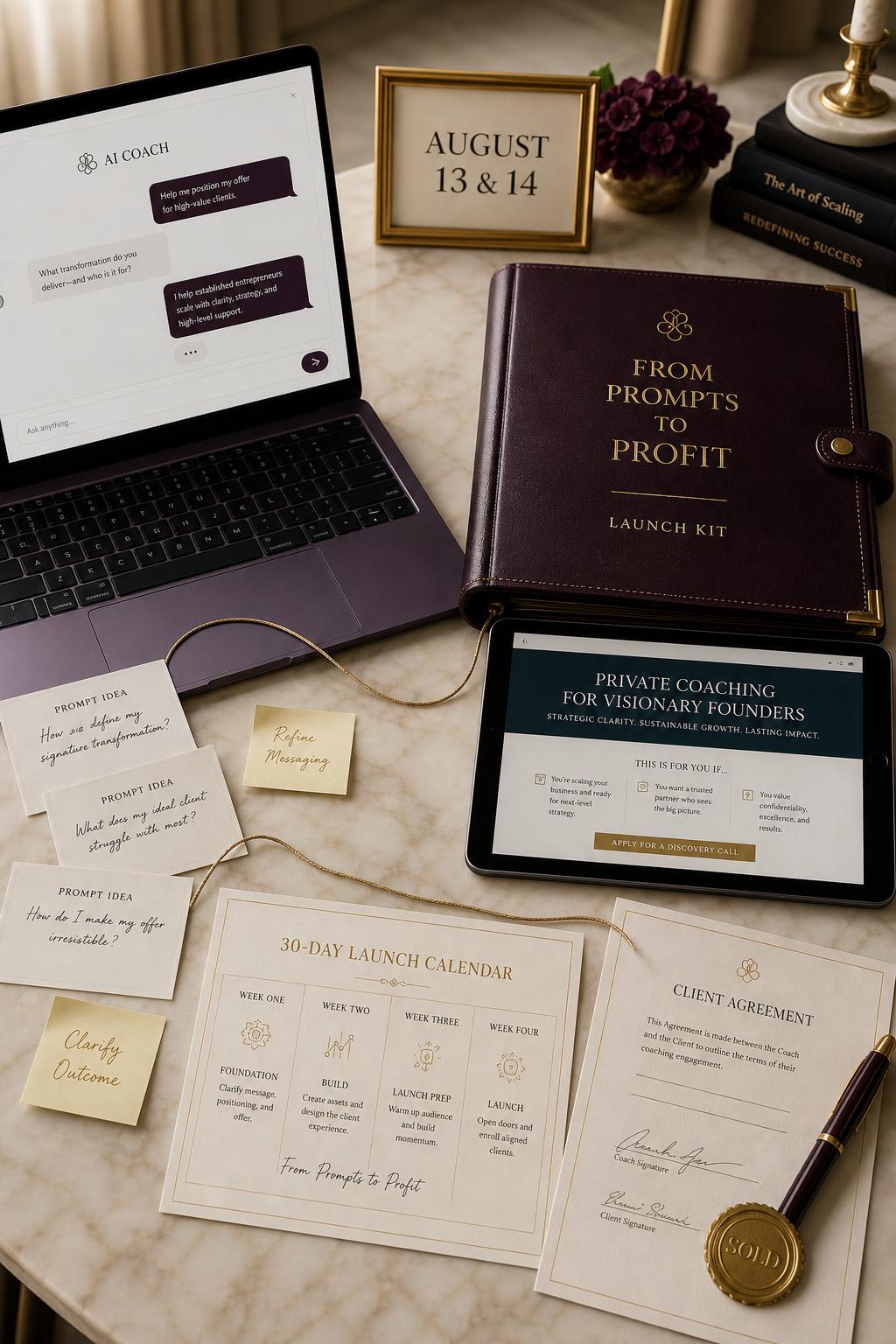 From Prompts to Profit: AI prompt cards and chat on a laptop flow across a gold thread to a Launch Kit binder, a drafted sales page, a 30-day launch calendar, and a signed client agreement stamped SOLD, with an August 13 and 14 desk card