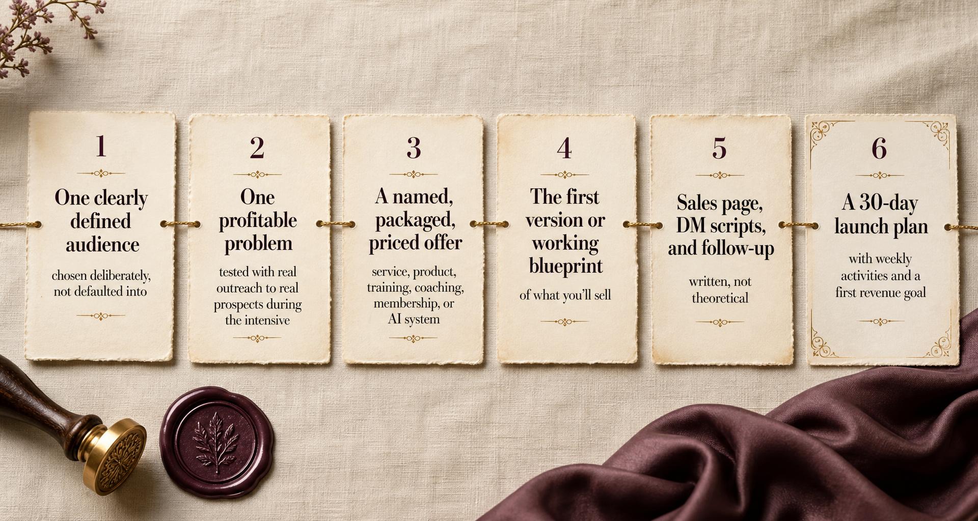 Six premium cards threaded by a gold line, each showing a deliverable with its full description: One clearly defined audience, one profitable problem, a named packaged priced offer, the first version or working blueprint, sales page and scripts, and a 30-day launch plan